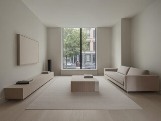 Fototapeta premium Contemporary minimalist living room with large windows and neutral colors in an urban setting