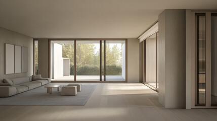 Fototapeta premium Modern minimalist living room with large windows overlooking a serene outdoor landscape