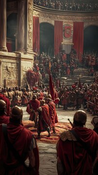 A dramatic scene depicting a grand Roman assembly with soldiers and citizens gathered in a magnificent arena, embodying ancient history.