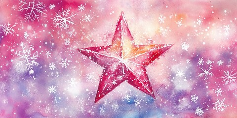 A festive watercolor illustration featuring a red star surrounded by delicate snowflakes on a vibrant, colorful background.