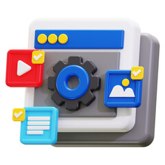 3d Content Management icon. Web browser interface settings with gear and check marks
