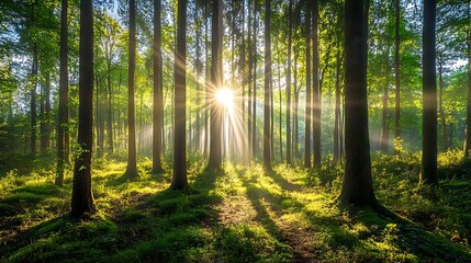 Sun rays illuminating a dense forest with green trees and foliage.