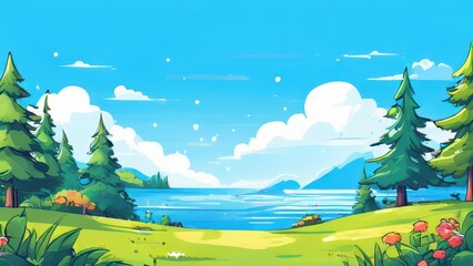 Fototapeta premium A vibrant landscape featuring a serene lake, lush greenery, and fluffy clouds under a blue sky.