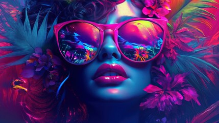 Vibrant tropical reflection in sunglasses with colorful floral accents.