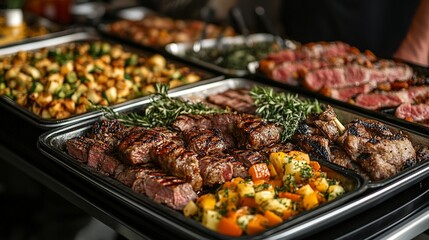 Catering buffet with a variety of dishes, including grilled meats, surrounded by luxurious decor and warm lighting.