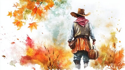 Fototapeta premium A man in a cowboy hat is walking through a field of autumn leaves