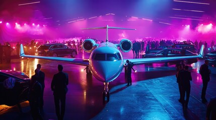 A luxurious private jet in a vibrant event scene, surrounded by attendees and illuminated by colorful lights.