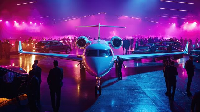 A luxurious private jet in a vibrant event scene, surrounded by attendees and illuminated by colorful lights.