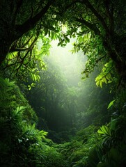 Lush green jungle canopy with sunlight filtering through leafy branches.