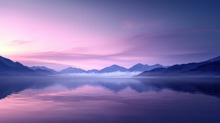 Serene lake landscape at dusk with misty mountains and soft pastel colors reflecting on the water's...