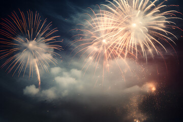 Fototapeta premium Festive salute golden fireworks bursts isolated on a black background. Graphic element for New Year, invitation, or congratulation card. illustration