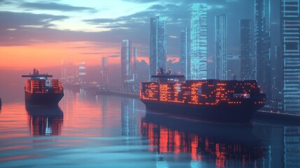 Obraz premium Cargo Ship in City Harbor at Sunset.