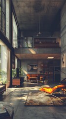 A modern interior showcasing minimalist design, natural light, and a vibrant lounge chair, perfect for contemporary decor inspiration.