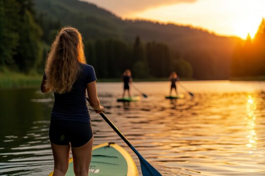 A group of people paddle boarding on a calm lake during a beautiful sunset, with one woman in the foreground holding a paddle. The golden light reflects on the water, surrounded by peaceful mountains