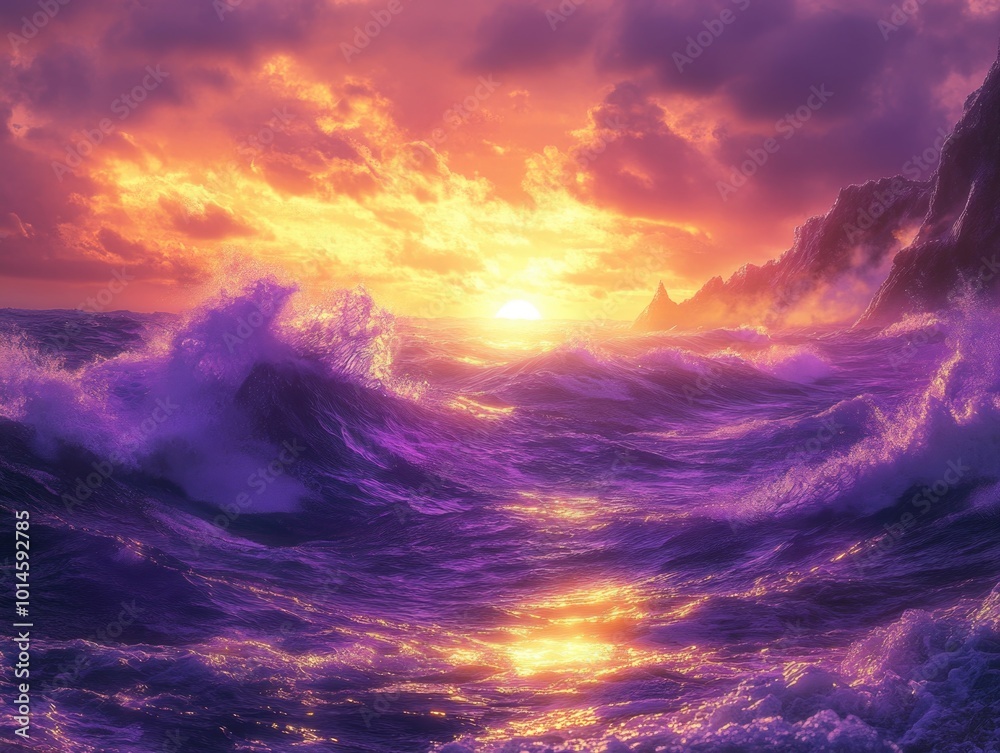 Poster Ocean Sunset with Waves