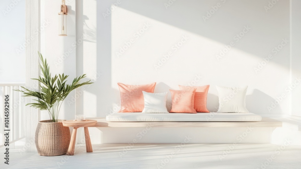 Aufkleber natural light fills a serene corner featuring a cushioned bench adorned with peach and white pillows