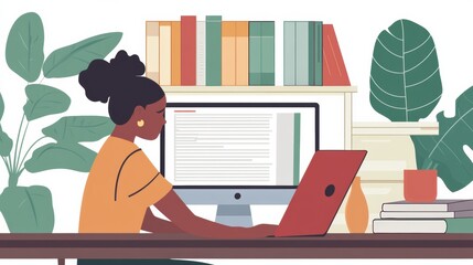 A focused student studies using digital textbooks on a computer, highlighting the shift to online education.