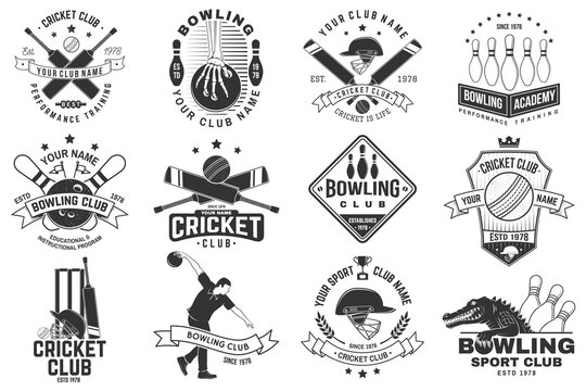 Set of cricket and bowling sports club logo, badge design. Templates for bowling and cricket sports club. Vector.