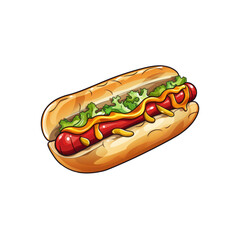 Hot dog bun with sesame seeds, lettuce, ketchup, and mustard as toppings. Perfect for menus, ads, and food blogs. Generative AI