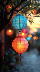 Obraz premium A pair of beautifully lit lanterns hanging, symbolizing the festive spirit and joy of Diwali celebrations.