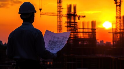 A construction worker examines blueprints against a sunset backdrop with cranes in the background.