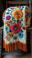 Colorful Handcrafted Blanket with Floral Embroidery Draped Over a Rustic Wooden Chair in a Cozy Home Setting