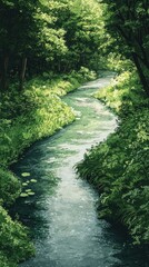 A serene river flows gently through lush greenery, showcasing nature's beauty and tranquility in a peaceful landscape.
