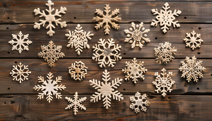 Composition with beautiful snowflakes on wooden background, top view. Festive winter design