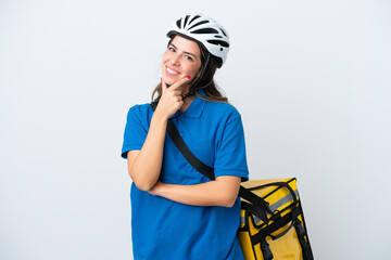 Young delivery woman with thermal backpack isolated on white background smiling