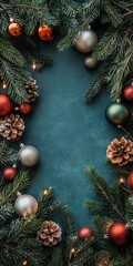 A Christmas tree with many ornaments and pine cones. The tree is surrounded by a blue background