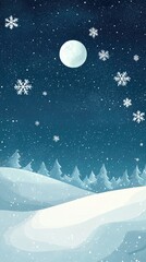 Fototapeta premium A serene winter landscape featuring snow-covered hills, a bright moon, and gently falling snowflakes under a starry night sky.