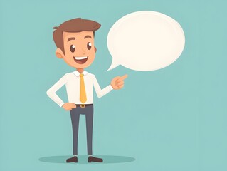 Smiling Businessman Taking with Bubble Speech in Flat Cartoon Style