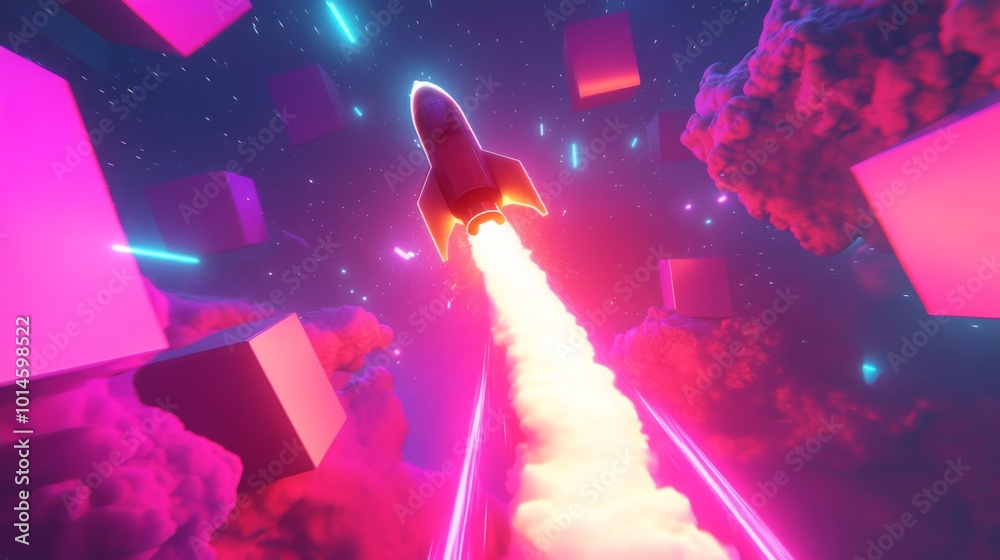Poster a sleek rocket launches into the cosmos, leaving a trail of bright flames against a backdrop of colo