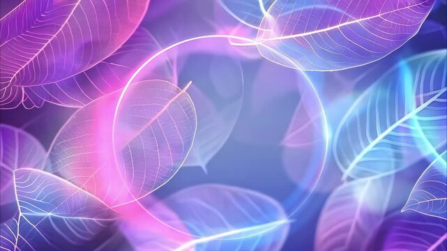 A vibrant, glowing background featuring translucent leaves and a circular light design in purple and blue hues.