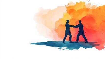 Flat Design Instructor Mentoring Student in Energetic Studio Setting with Watercolor Splashes for Focus and Copy Space