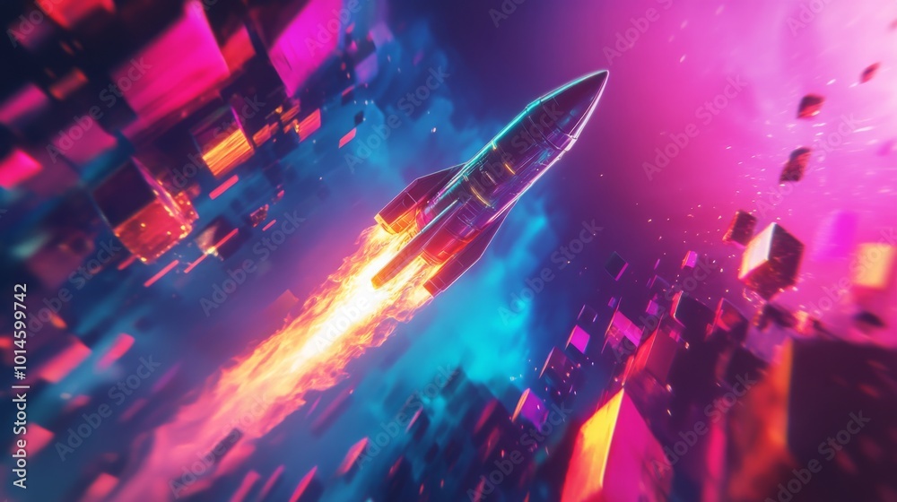 Poster A rocket ascends into the night sky, leaving a fiery trail behind. Surrounding it are colorful cubes floating in a vibrant cosmic space, creating a stunning visual of exploration and adventure.