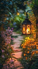 A tranquil garden pathway illuminated by a warm lantern, surrounded by vibrant flowers, creating a peaceful evening atmosphere.