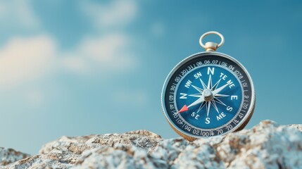a classic compass placed on a rocky surface with a clear blue sky in the background, representing guidance, direction, and exploration.