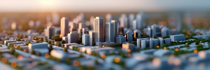A detailed miniature model of a modern city with skyscrapers and green spaces, captured at sunset with soft lighting, showcasing urban development and planning.