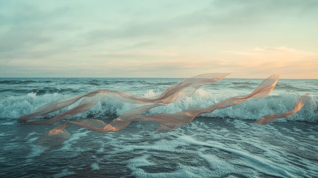 A tranquil ocean scene with flowing waves and a serene sunset, capturing the beauty of movement and nature's harmony.