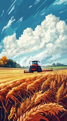 Obraz premium A vibrant agricultural landscape showcasing a tractor harvesting golden wheat under a dramatic sky, representing rural serenity.