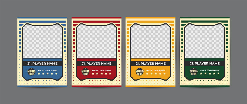 Set of trading frames for game sports card template, Four cards designed for player information, team name, and rating