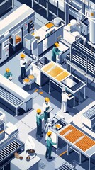 A vibrant bakery scene showcasing workers preparing delicious pastries in a well-organized kitchen environment.