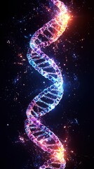 Obraz premium A colorful, glowing double helix representation of DNA against a dark background, showcasing genetic data and molecular structure.