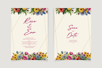 Naklejka premium Golden greenery wedding invitation template set with leaves, glitter, frame, and border. Floral decoration vector for save the date, greeting, thank you, rsvp, etc 