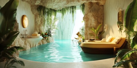 Relaxing spa scene infused with surrealistic imagery.