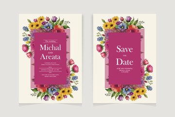 Obraz premium Watercolor wedding set. Set of card with leaves and golden geometric frame. Design with forest green leaves, eucalyptus, fern. Floral Trendy templates for banner, flyer, poster, greeting.