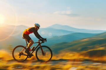 A cyclist riding swiftly through a scenic mountain trail at sunrise, dressed in professional sports gear, highlighting adventure, speed, and endurance in nature.