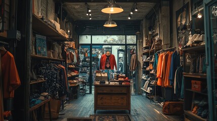 Obraz premium A vibrant clothing store interior showcasing colorful garments, stylish decor, and a welcoming atmosphere for shoppers.