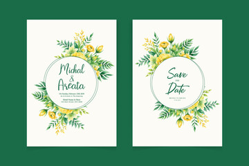 Premium wedding invitation template set with elegant brown leaves decoration. Botanic card design concept